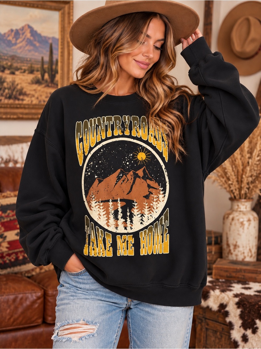Country Roads Take Me Home Black Graphic Sweatshirt Mountain Western Size L